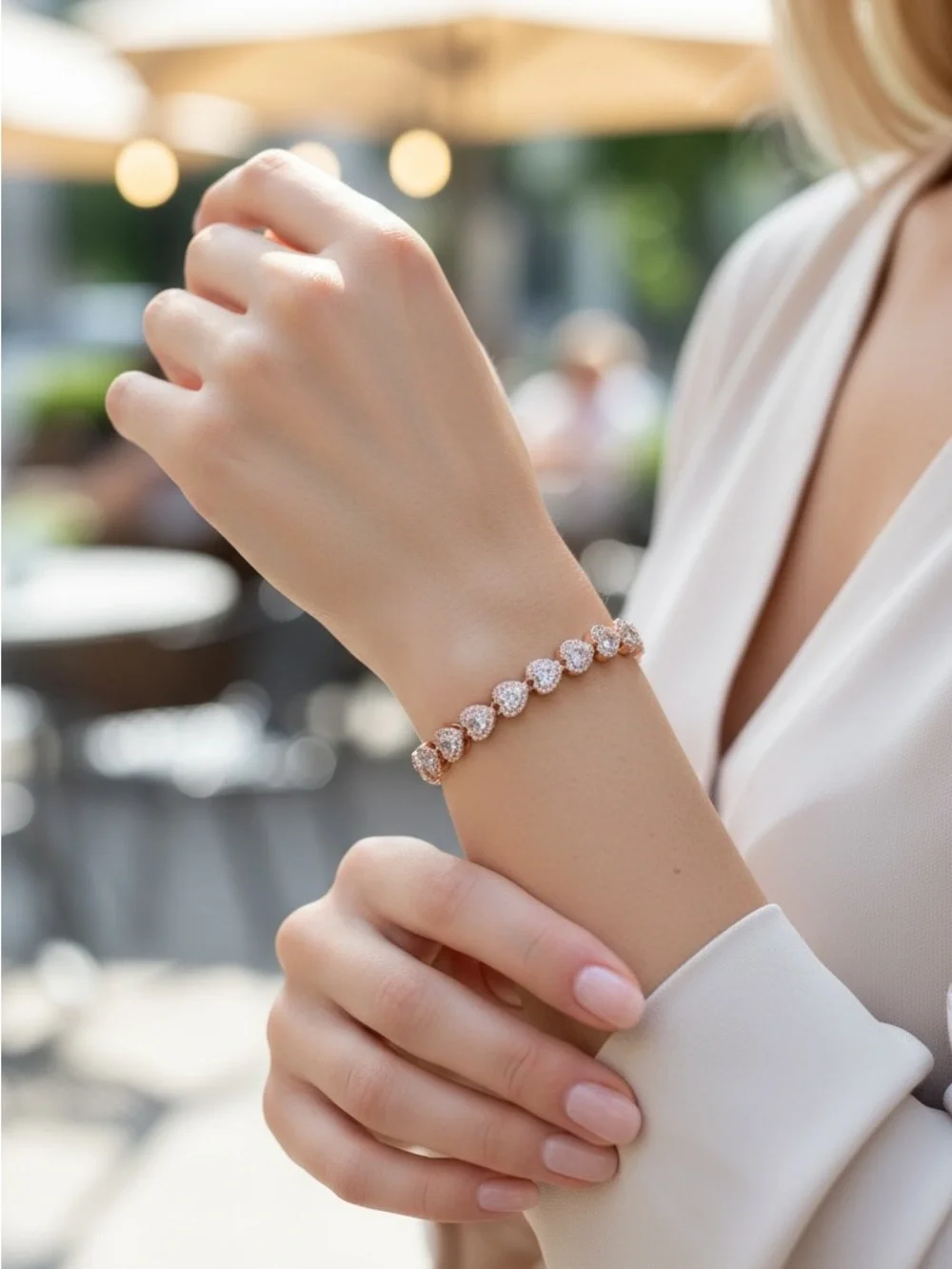 8/20 Rose Gold Heart Link Bracelet with Cubic Zirconia
